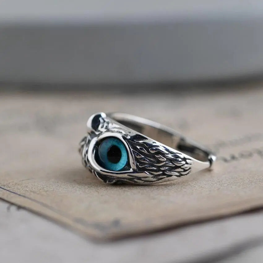 Silver Adjustable Ring with Opal and Lucky Owl Design"