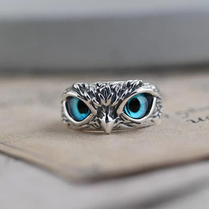 Silver Adjustable Ring with Opal and Lucky Owl Design"