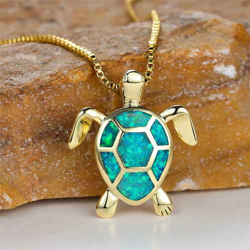 Vintage Gold Green Fire Opal Turtle Pendant Necklace