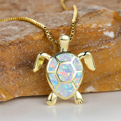 Vintage Gold Green Fire Opal Turtle Pendant Necklace