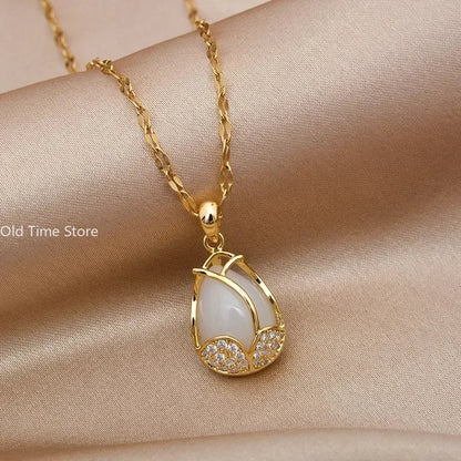 Elegant Gold Tulip Pink Crystal Pendant Necklace