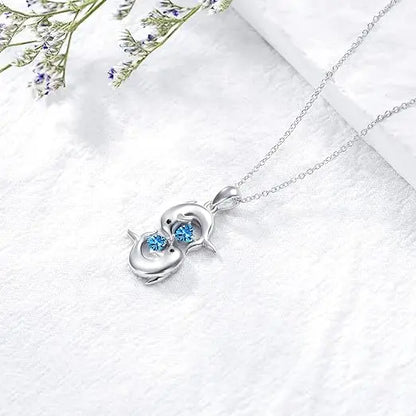 Silver Twin Dolphin Blue Crystal Necklace